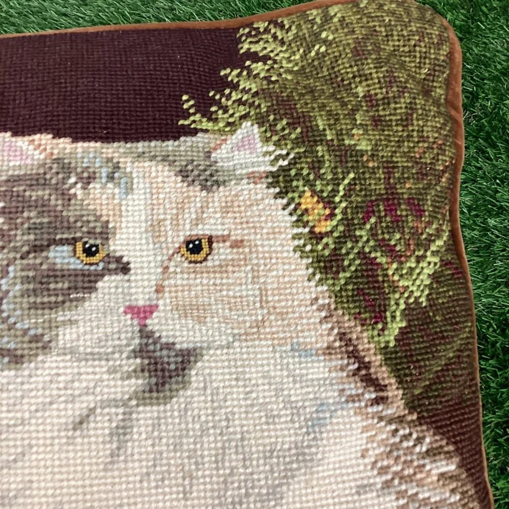 Vintage Cat Needlepoint Tapestry Pillow Long Haired Calico